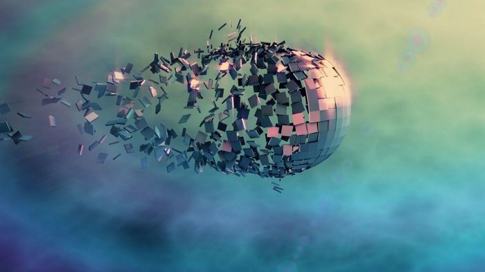 Abstract sphere breaking into tiles in digital art
