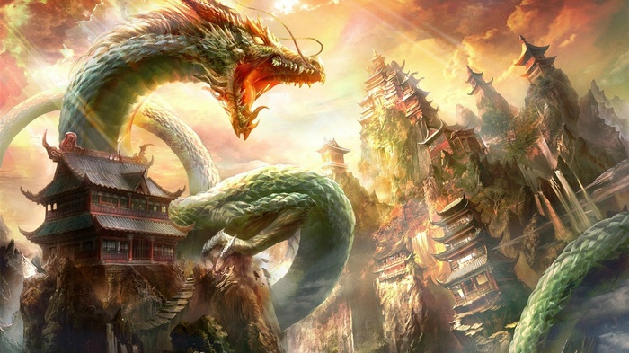 Fantasy art of a dragon and Chinese architecture