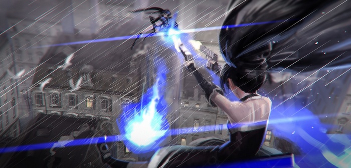 Anime girl with black hair firing a pistol in the rain