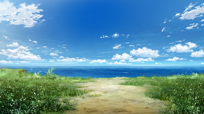 nature, landscape, sky, Grisaia no Kajitsu, grass, sea, clouds