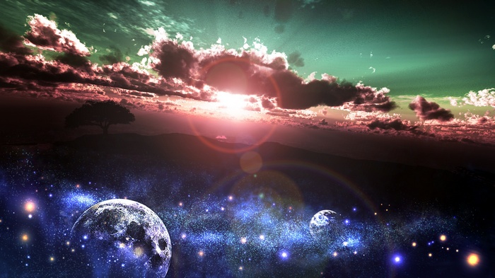 Fantasy landscape with planets and a lone tree