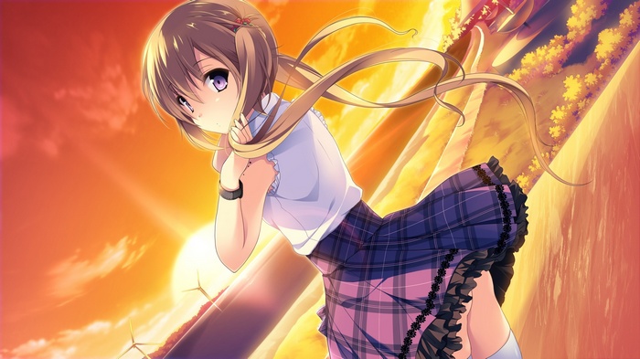Anime girl with blonde hair and purple eyes at sunset