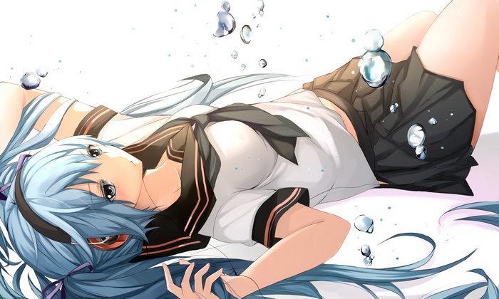 Hatsune Miku in a school uniform with blue hair