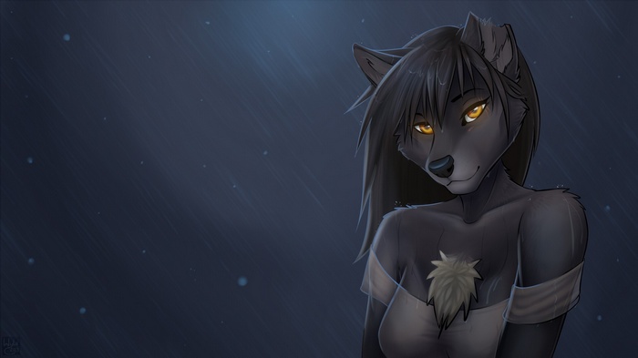 Anthro wolf character in the rain