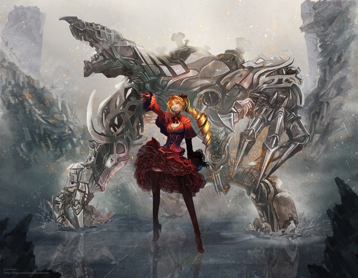Anime girl in red dress with a mech