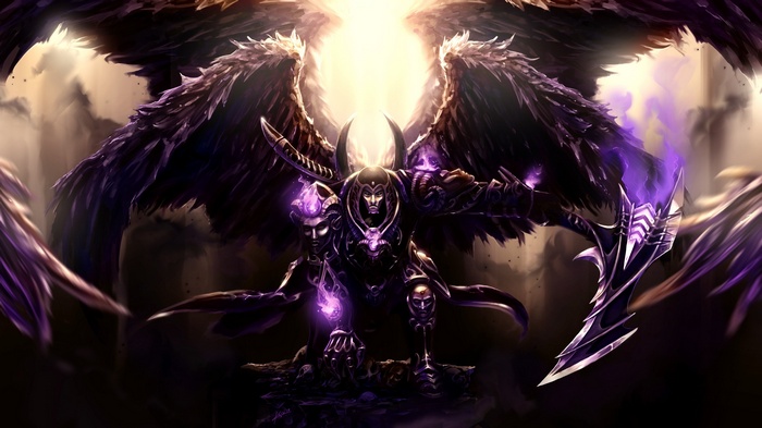 Thanatos with dark wings and purple energy