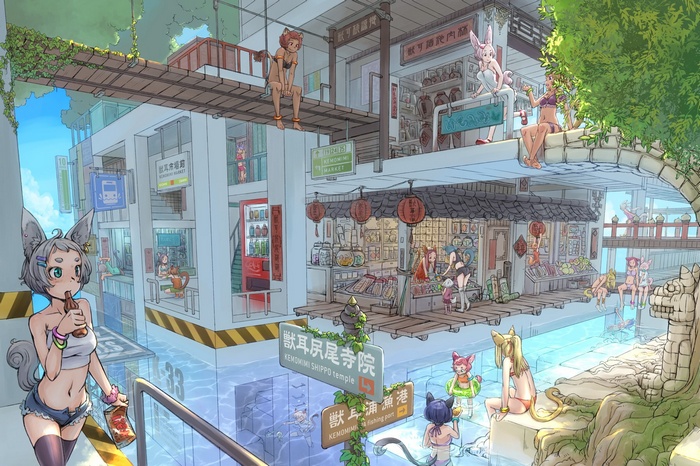 Kemonomimi characters in a flooded market
