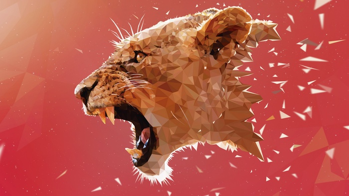 Low poly lioness head exploding into pieces
