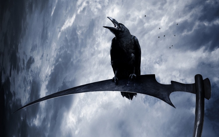 Raven perched on a scythe against a stormy sky