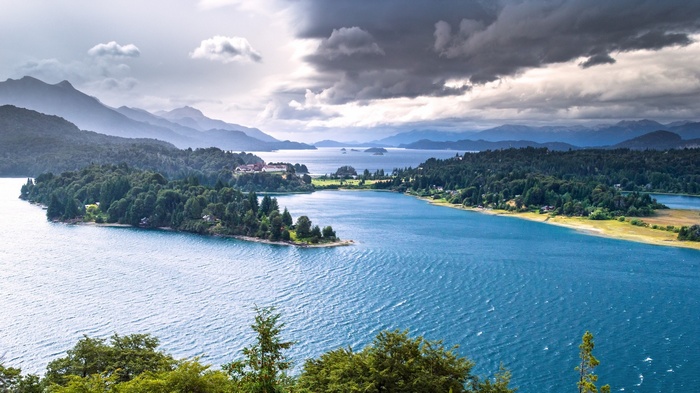 Lake landscape with mountains and forest in Bariloche, Argentina