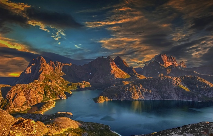 clouds, Lofoten, water, landscape, bay, island, nature, Norway, sunset, sea, mountains