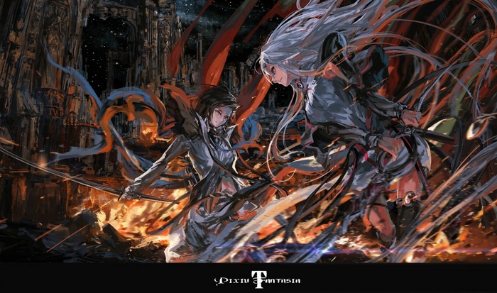 Two anime girls fighting with swords in Pixiv Fantasia