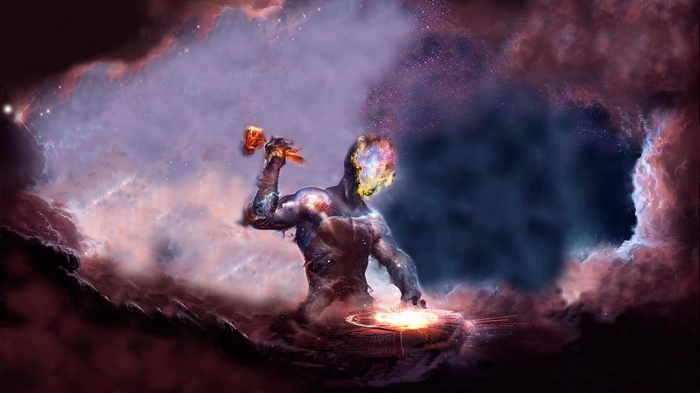 Cosmic being forging the universe with a hammer