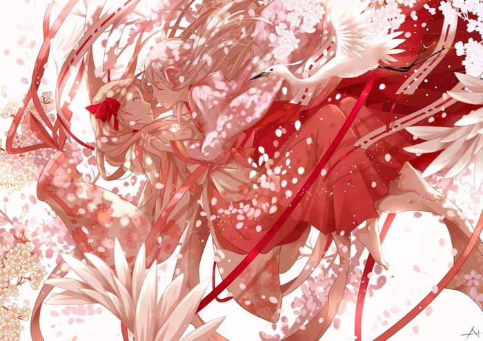 Two anime girls in kimonos with cherry blossoms and a crane