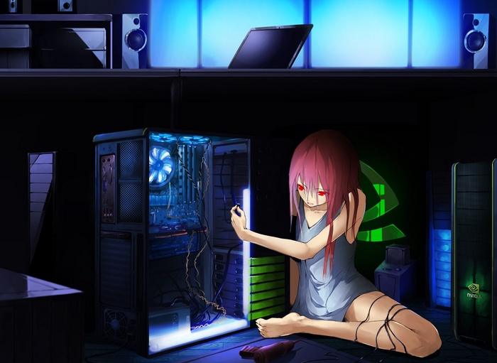 Girl with pink hair working on a computer with Nvidia logo
