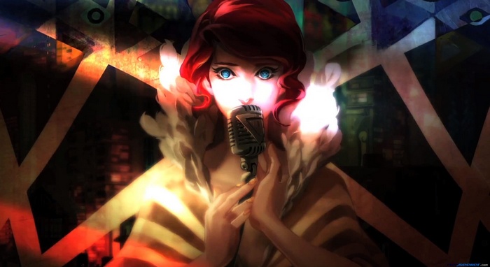Red from Transistor singing into a microphone