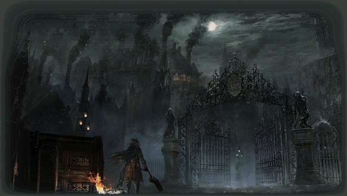Bloodborne: A hunter stands before a gothic gate at night