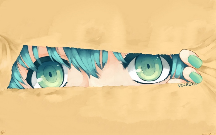 Hatsune Miku peeking through a torn paper