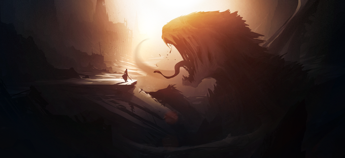 Fantasy art of a warrior facing a giant serpent