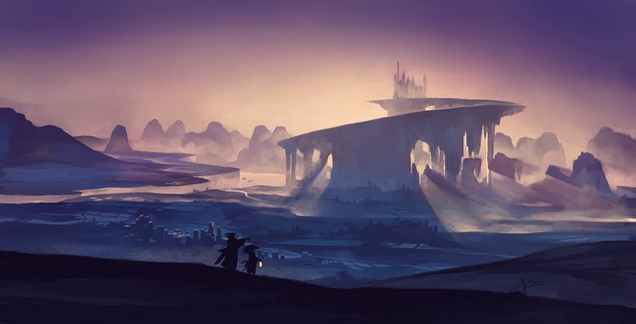 Fantasy landscape with castle and two figures