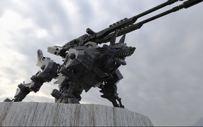 Dark wolf Zoid with dual cannons on a cliff