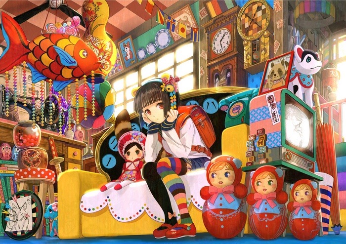 Anime girl with striped leggings and backpack sitting on couch