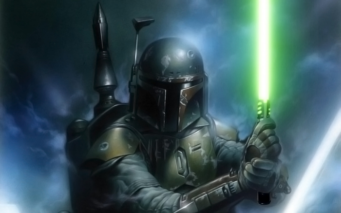 Boba Fett holding a green lightsaber
