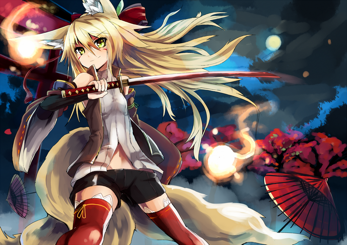 Fox girl with sword at night