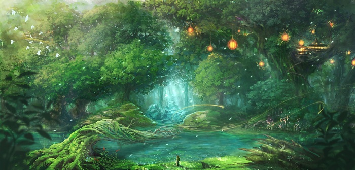 Fantasy forest with glowing lanterns and birds