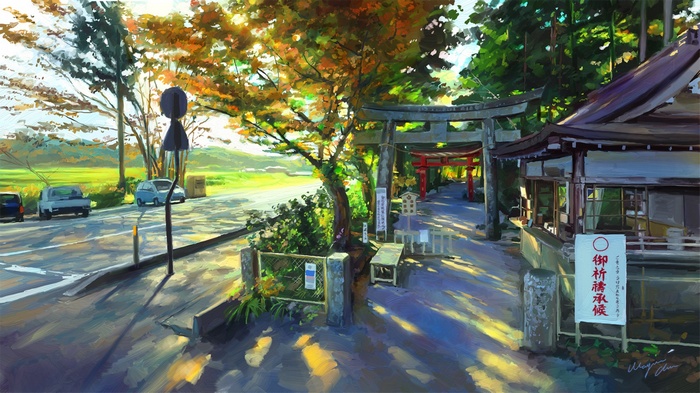 Painting of a shrine entrance with cars on the road