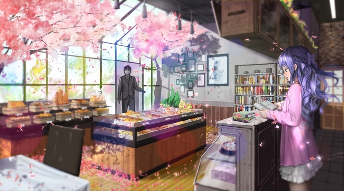 Girl reading in a bakery with cherry blossoms