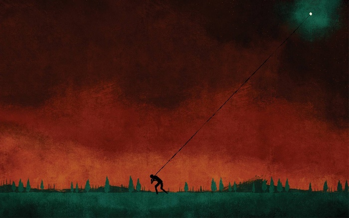 Silhouette pulling a rope towards the moon