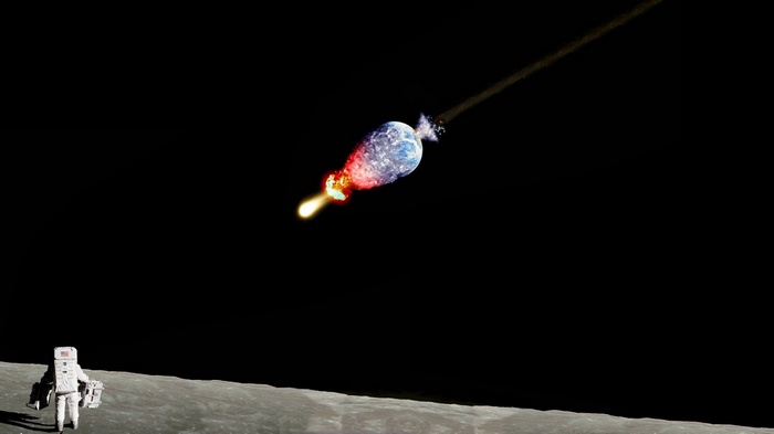 Astronaut on Moon watches Earth being destroyed