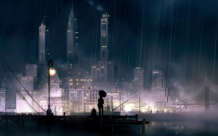 Rainy cityscape with a person holding an umbrella
