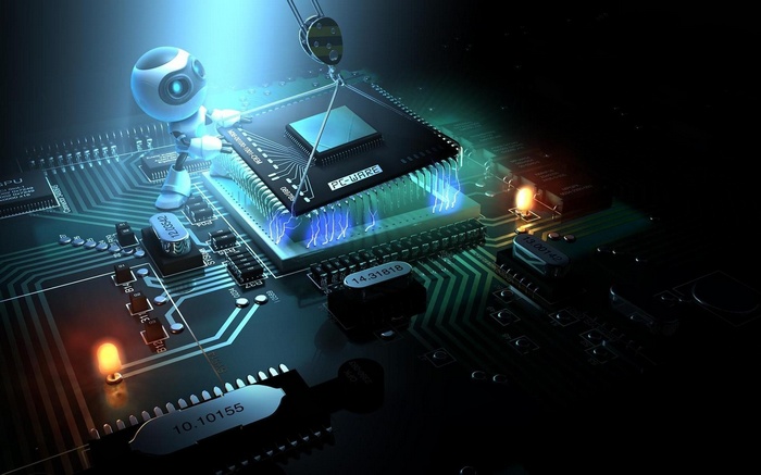 Robot installing a computer chip on a circuit board