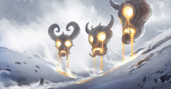 Fantasy art of stone masks in a snowy landscape