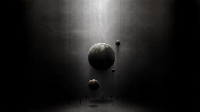 Surreal scene with planets and people