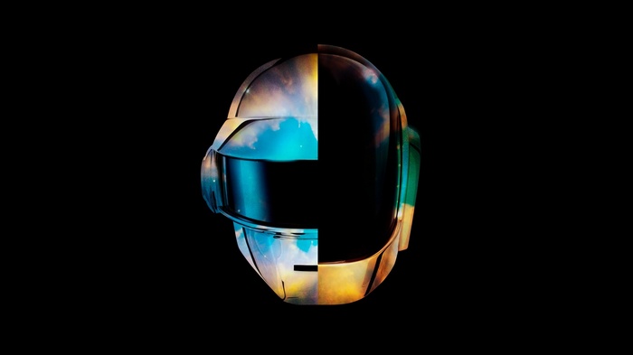 Daft Punk helmet split with sky and sunset reflection