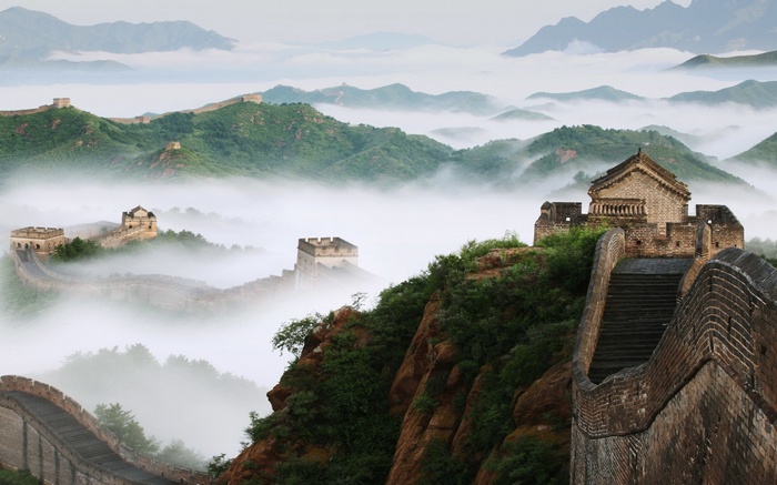 tower, stairs, hills, forest, mist, Great Wall of China, nature, bricks ...