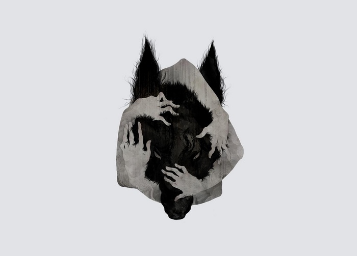 Wolf head with hands covering its face
