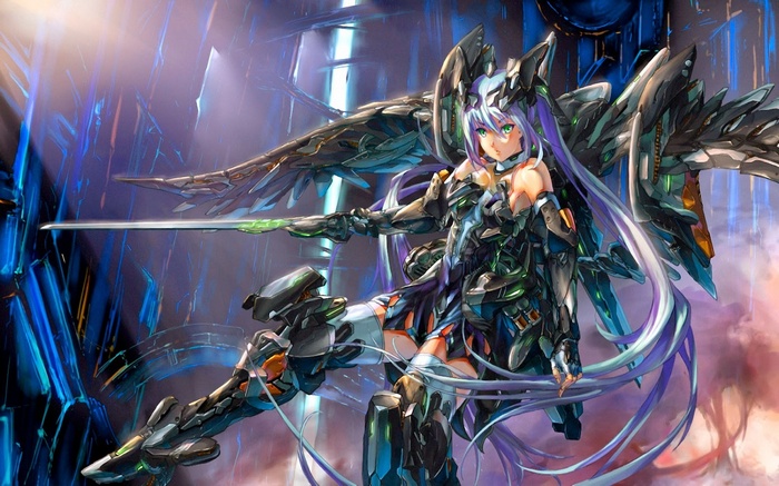 Anime girl in mecha armor with wings and sword