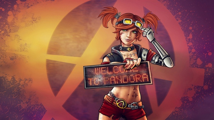 Gaige from Borderlands 2 holding a welcome sign