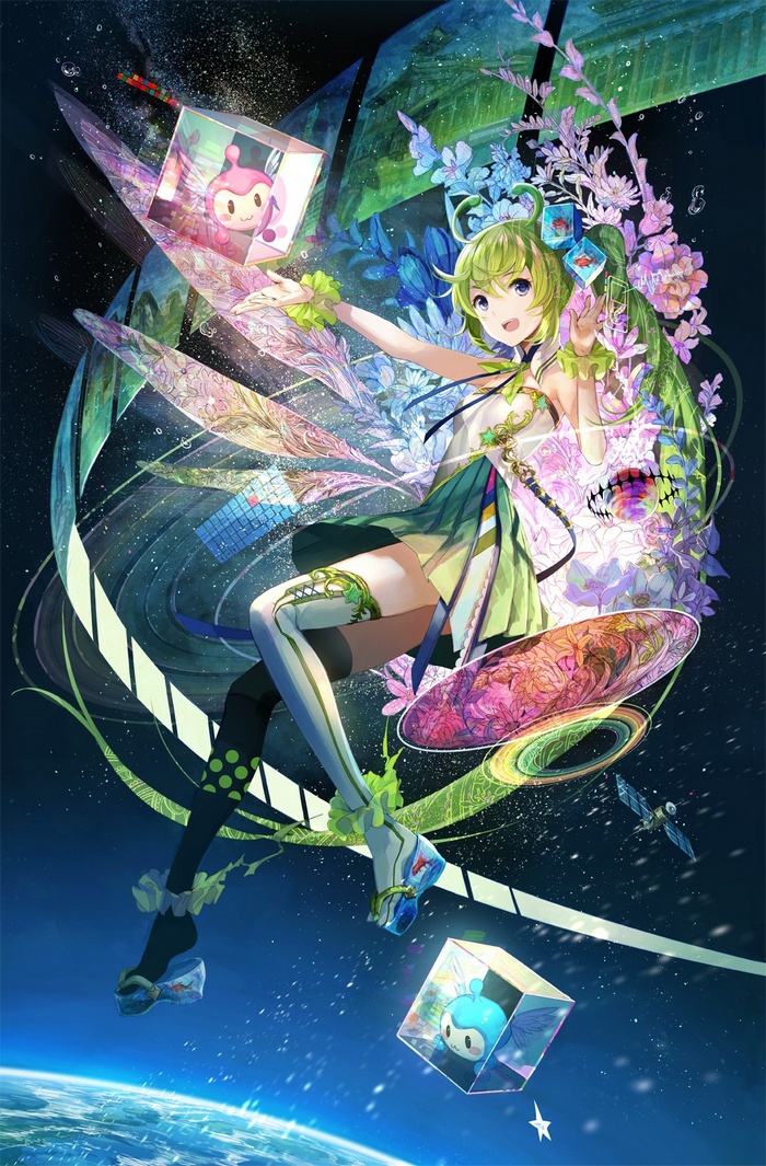 Fuji Choko Original Character in Space with Earth and Flowers