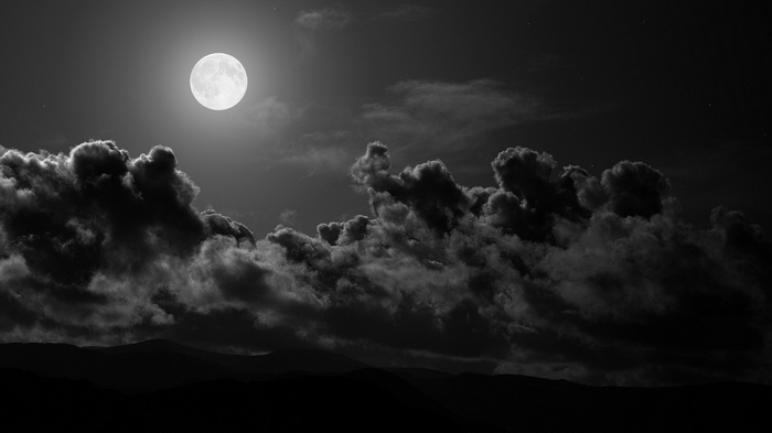 black, night, hills, landscape, silhouette, nature, clouds, moonlight, Moon, monochrome