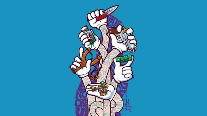 Cartoon hands holding weapons and drugs