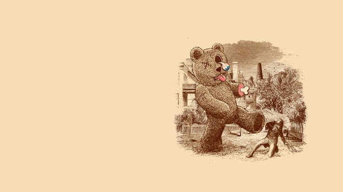 Giant teddy bear attacking a man