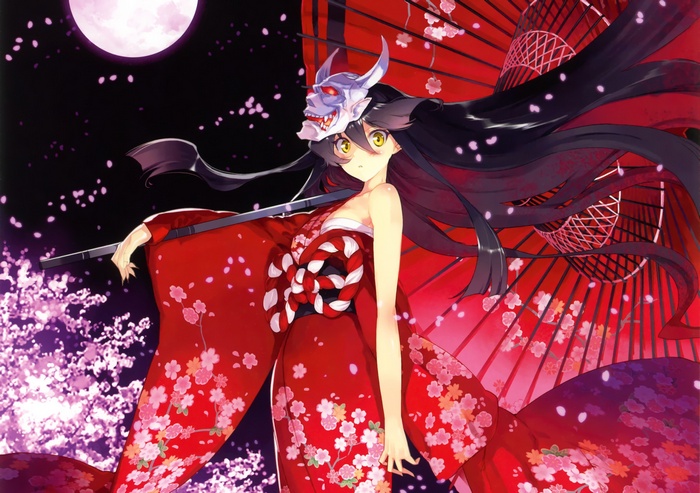 Anime girl in red kimono with mask and umbrella
