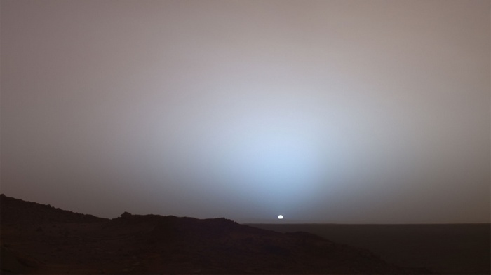 Mars sunset over a rocky landscape