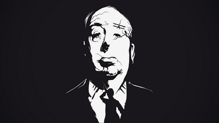 Alfred Hitchcock's face with surreal elements