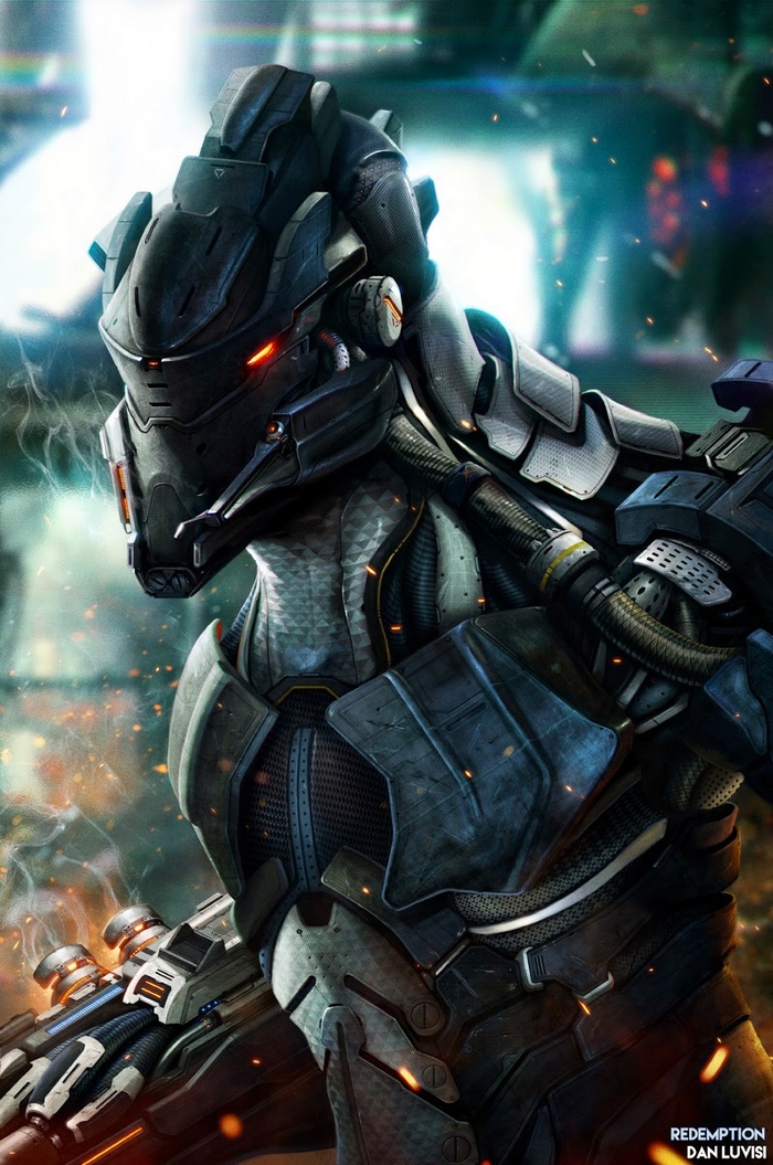 A menacing robot with glowing red eyes and intricate armor.